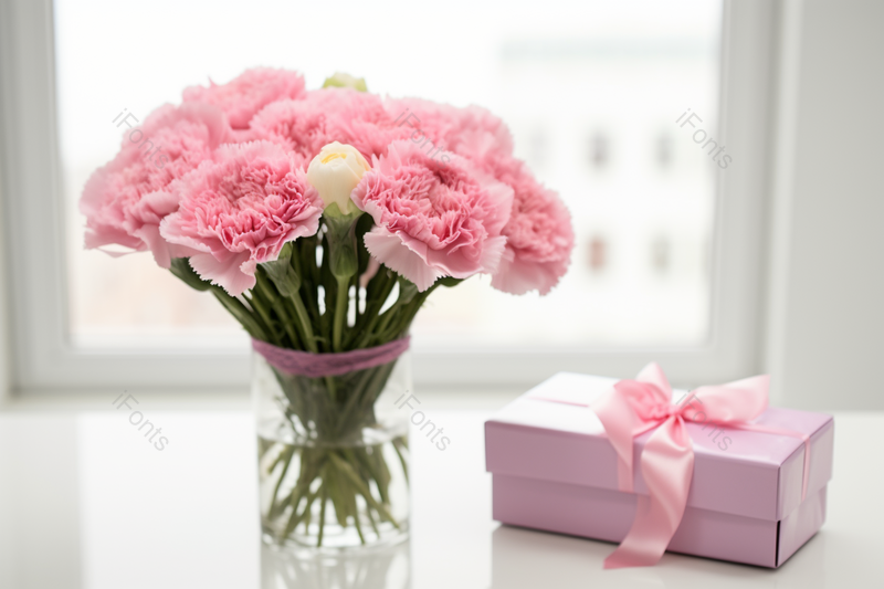 桌子上的粉色康乃馨与粉色礼盒,高清,摄影图,摄影图片,图片大全,摄影图免费下载